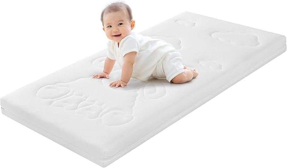 Ein Baby in Weiß krabbelt auf einer Traumnacht-Babymatratze mit Wolkenmuster, schaut nach oben und lächelt.